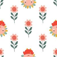 Cute creative background in a trendy minimalist style. texture with floral elements and cartoon characters. vector