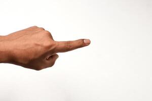 Latin man hand pointing with index finger, isolated on a white background. Ideal for touch, selection and pressure concepts. closeup view, showing a gesture photo