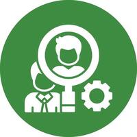 A green and white icon with a magnifying glass and a person vector