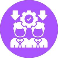 Two people are standing in front of a purple circle with an arrow pointing to the left vector
