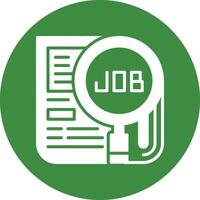 A green and white icon with a magnifying glass and the word job vector