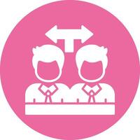 Two people are sitting at a table with an arrow pointing to the left vector