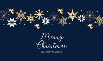 charming holiday card featuring Merry Christmas and Happy New Year in stylish script, adorned with festive gold and white snowflakes and decorative elements vector