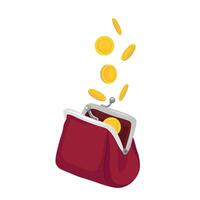 Coins falling into red open retro wallet on white background, flat, isolate on white vector
