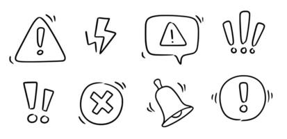 Doodle exclamation mark, alert danger sign set. Scribble hand drawn doodle exclamation triangle point, stop warning, hazard sign. Hand drawn sketch danger information sign. vector