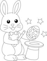 Easter Bunny with a magic wand pulling out decorated eggs from a wizard hat coloring page vector