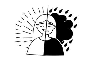 Bipolar mental brain disorder. Positive and negative emotions. Mental health problems. Line art illustration vector