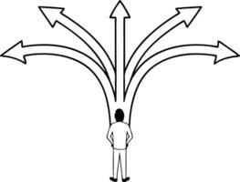 Person silhouette standing in front of arrows. Way choosing, complicated decision concept. Line art vector