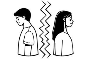 Couple going through a hard breakup. Relationship problems concept design. Line art illustration vector