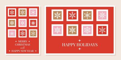 Merry Christmas and Happy New Year geometrical greeting card set with various snowflakes. Happy holidays. A4 poster. Minimalist geometric modern Xmas design. For invitation, cover, postcard vector