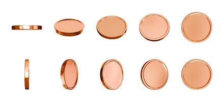 3d realistic bronze metal coins in different views rotating vertically and horizontally. Shiny blank coins isolated set. vector