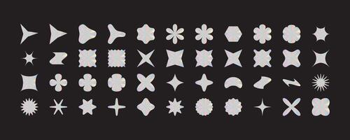 Big set of holographic abstract geometric shapes isolated on black background. vector