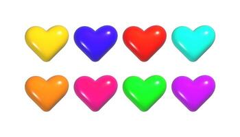 Set of 3d plastic hearts in various happy colors isolated on white background. Realistic illustration trendy design element vector
