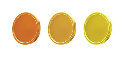 Golden and bronze coins set isolated. 3d render realistic illustration. Blank award medals in different shades of gold vector