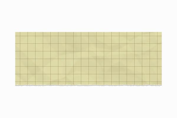 Slightly crumpled peace of yellow grid paper with torn edge isolated on white background.