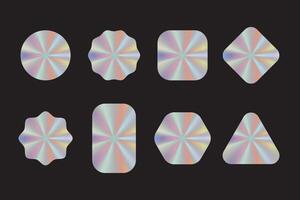 Holographic Y2K geometric shapes stickers. Iridescent spectrum gradient design elements isolated on black background. vector