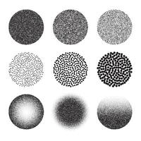 Dot work circles various patterns set. Stipple black gradient shapes collection isolated on white background vector