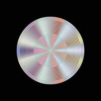 Holographic iridescent y2k sticker label with silver lines pattern circle geometric shape isolated. vector