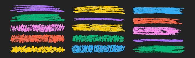 Set of chalk highlight and texture emphasis. Multicolor crayon scribbles and zigzags on a black background. Handwriting illustration. vector