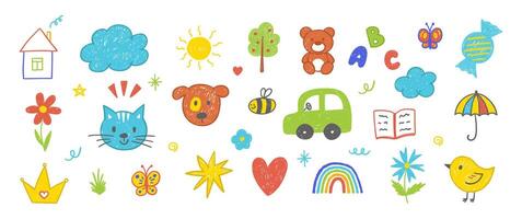 Set of simple kids doodles of cat, dog, flower, house and sun with crayon or chalk texture. Simple hand drawn illustration on a white background. vector