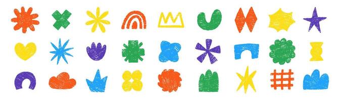 Set of hand drawn funky shapes of heart, flower, star, cloud with crayon or chalk texture. Multicolor Doodle design elements for school. Childish illustration. vector