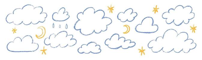 Set of crayon clouds, stars and drops. Hand drawn outline kids crayon illustration isolated on white background. vector