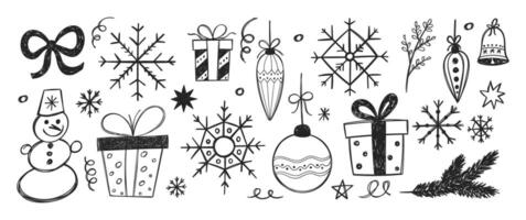 Set of Christmas doodles of star, present box, bell, snowflake and bell with crayon or pencil texture. Hand drawn illustration on a white background. vector