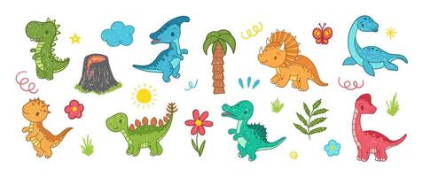 Set of simple kids doodles of dinosaurs, tree, flower, cloud and butterfly with crayon or chalk texture. Simple hand drawn illustration on a white background. vector