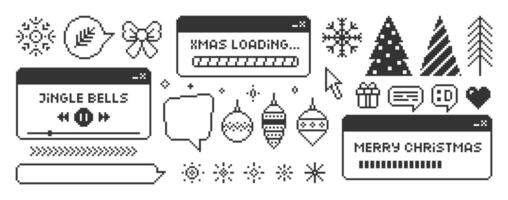 Set of xmas icons of christmas tree, present, bow, snowflake and elements of interface. Pixel art illustration. vector
