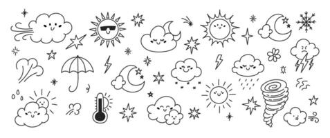 Set of hand drawn elements of weather with editable stroke. Clouds, clouds, hurricane, star and umbrella. illustration on a white background. vector