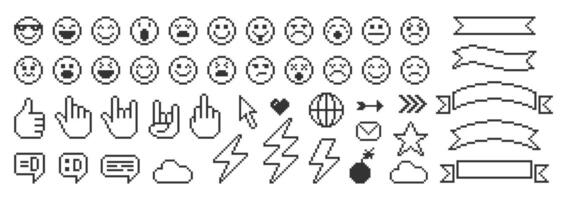 Set of pixel elements of retro interface. Emoji, like, globe, lightning, hand isolated on a white background. illustration. vector