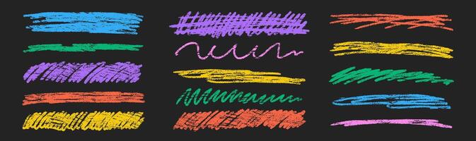 Set of chalk underline lines and texture emphasis. Multicolor crayon scribbles on a black background. Handwriting illustration. vector