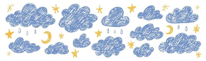 Set of crayon clouds, stars and drops. Hand drawn kids crayon illustration isolated on white background. vector