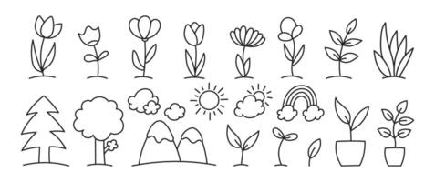 Set of hand drawn elements of environment with editable stroke. Flowers, clouds, rainbow and tree. illustration on a white background. vector