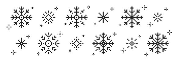 Set of snowflakes or snow icon in pixel art. Retro illustration. vector