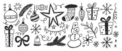 Set of Christmas doodles of star, present box, snowman, snowflake with crayon texture. Hand drawn illustration on a white background. vector