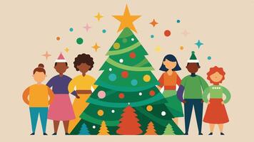 A diverse group of children joyfully standing in a circle around a decorated Christmas tree during a festive holiday gathering vector