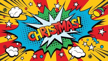 Colorful comic-style illustration featuring the word Christmas amidst vibrant colors, dynamic lines, and playful clouds, creating a festive atmosphere perfect for holiday celebrations vector