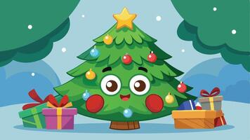 A cheerful cartoon Christmas tree character adorned with colorful ornaments and a star, smiling in a snowy nighttime forest surrounded by pine trees vector