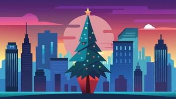 A vibrant city skyline illuminated at night with a large decorated Christmas tree in the foreground, surrounded by evergreen trees and a glowing ambiance vector