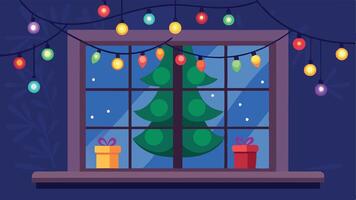 A cozy winter night view through a window featuring a decorated Christmas tree, colorful lights, and festive gifts adorned with ribbons and bows vector
