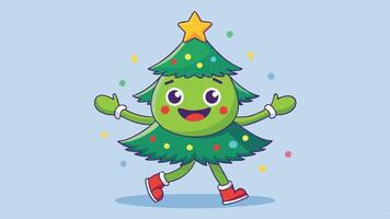 A cheerful animated Christmas tree character dances joyfully in a winter landscape adorned with colorful pine trees under a bright blue sky and falling snowflakes vector