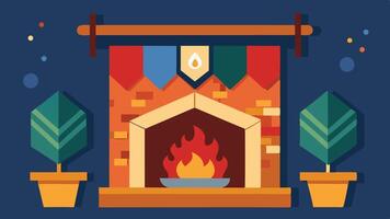 Cozy fireplace with decorative banners and vibrant flames in a warm-colored setting, creating an inviting atmosphere for relaxation and comfort vector