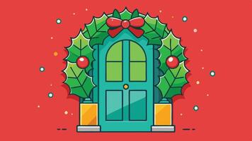 A colorful Christmas wreath adorned with red berries and a golden gift box wrapped in a bright red ribbon, set against a soft yellow background during the festive season vector