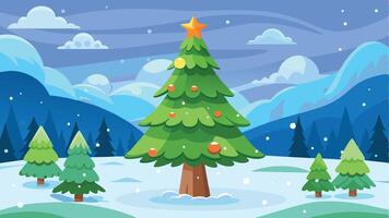 A vibrant Christmas tree adorned with colorful ornaments stands tall in a serene winter landscape, surrounded by snow-covered hills and evergreen trees against a night sky vector