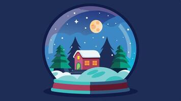 A colorful snow globe featuring a cozy cabin surrounded by snowy mountains and pine trees under a starry sky vector