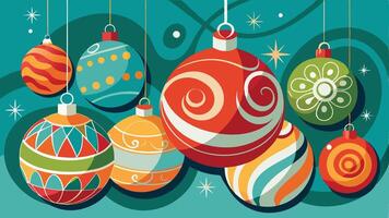 Colorful decorative ornaments hang in a festive arrangement, showcasing vibrant swirls and patterns, perfect for celebrating the holiday spirit in a joyful setting vector