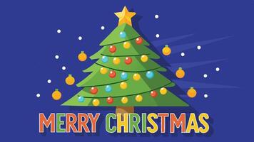 A colorful and festive illustration of a decorated Christmas tree with ornaments, lights, and a shining star, set against a dark purple background featuring stars and ornaments vector