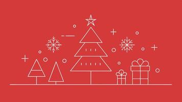 Simple line art of a winter scene with a Christmas tree, house, and snowflakes on a bright red background during the holiday season vector