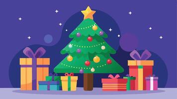 A colorful Christmas tree adorned with ornaments and surrounded by neatly wrapped gifts under a starry sky during a festive holiday celebration vector